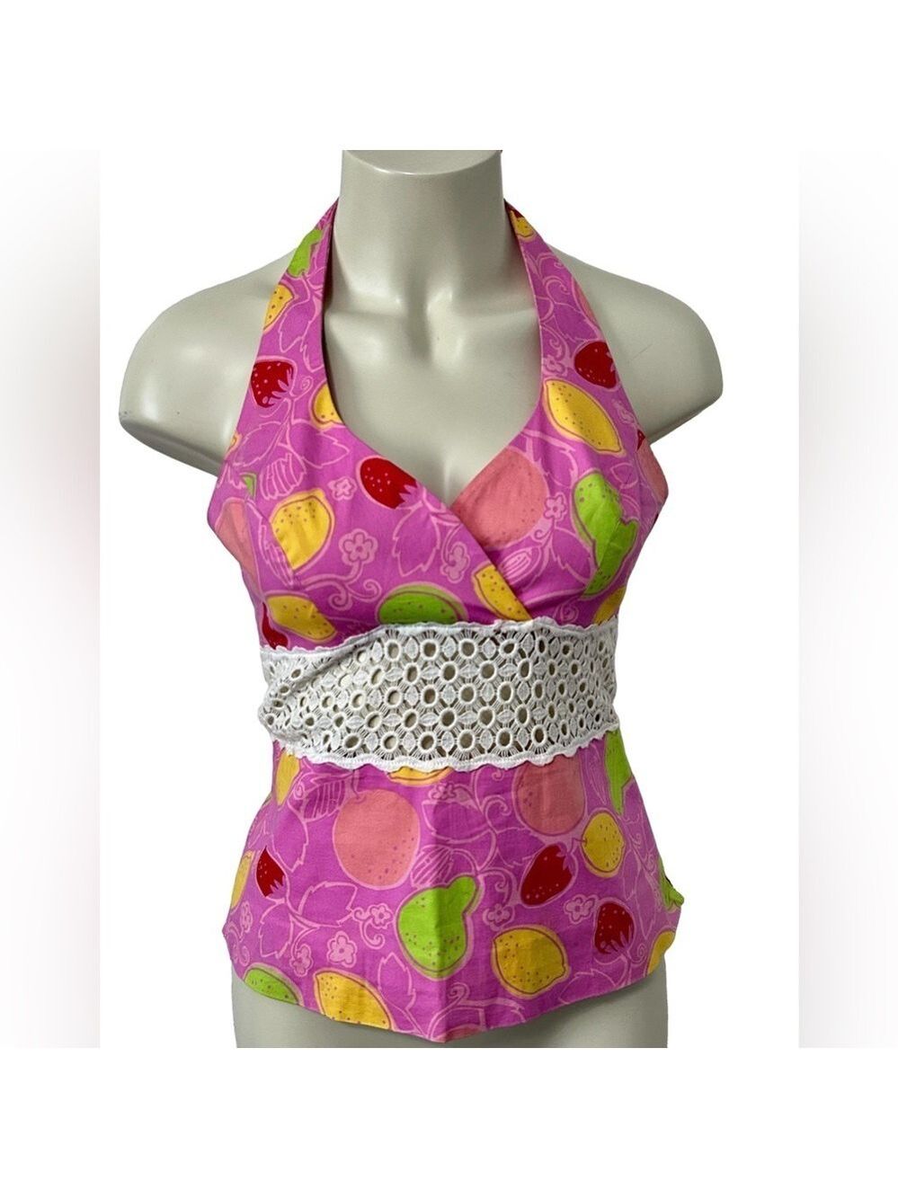 Lilly Pulitzer Pink Fruit Print Halter Top Crochet Waist Size 4
